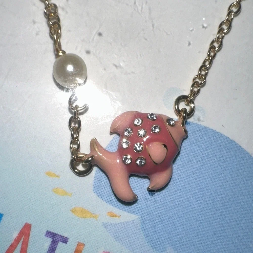 Girl Nation 14K Gold Plated Pink Enamel Fish Crystal Necklace Hypoallergenic